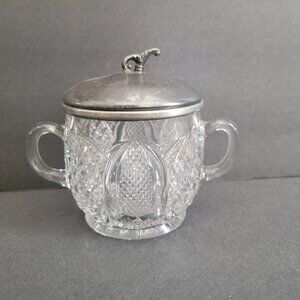 Vintage Clear Pressed Glass Sugar Bowl With Metal Lid & Dual Handles